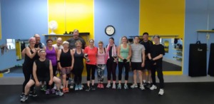 A fitness class for farmers in Canada in which Alison participated.