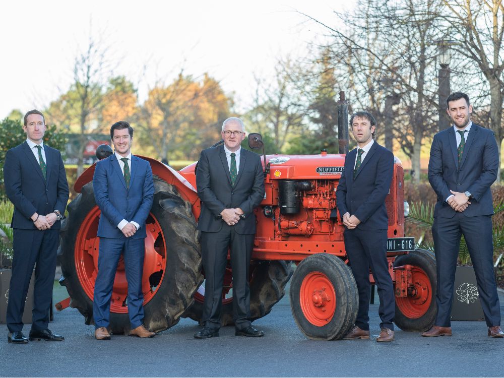 Nuffield Conference 2021 Scholars; Alex Eivers, Brian McCarthy, Joe Leonard Chairperson Nuffield Ireland, Ray Ó Foghlú and Brendan Crosse
